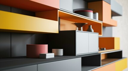 A modern shelf with colorful shelves and vases. Generative AI.