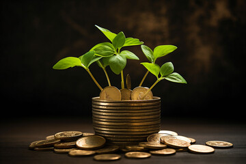 Small plant growing on a pile of gold coins - investment concept illustration