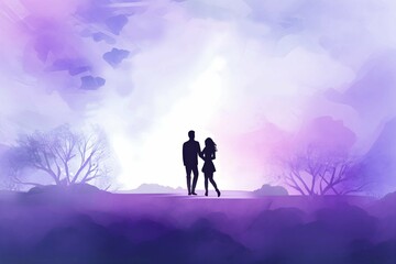 Watercolor silhouette of a romantic couple in love on a dreamy purple abstract background painting