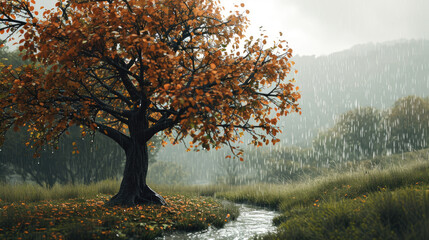 Autumn Rain Majesty: Pear Tree in Hyper-Realistic Detail