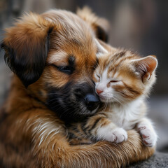 Obraz premium 寄り添って眠る子犬と子猫(背景無し)