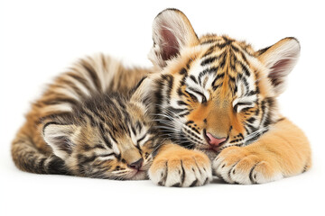 寄り添って眠るトラの子供と子猫(背景無し,白背景)