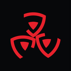 the shield's monogram design forms the letter "J" rotated ninety degrees. red on a black background.