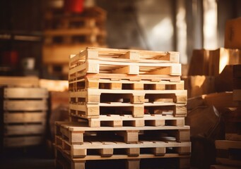 A stack of wooden pallets in a warehouse. Generative AI.