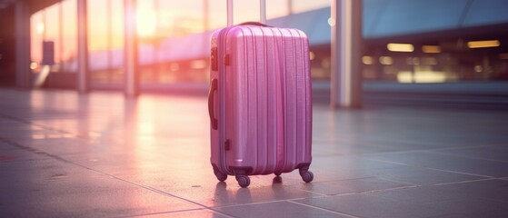 A pink suitcase sitting on the ground in front of a building. Generative AI. - Powered by Adobe
