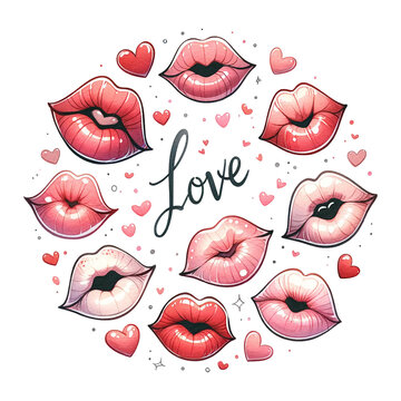 Collection of lips with "Love" calligraphy, surrounded by hearts
