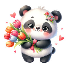 A cute panda holding a bouquet of tulips