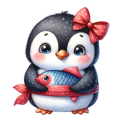 A penguin holding a fish, tied with a polka-dot bow