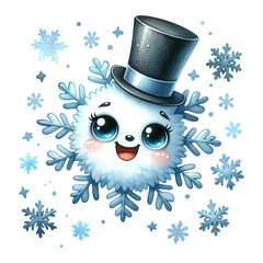 A snowflake character wearing a top hat among falling snowflakes