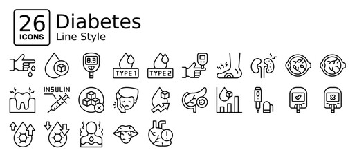 Diabetes icons in outline style. Collection of Diabetes, Medical,  Health, Icon set in Line Style. Simple vector editable stroke, easy to use - obrazy, fototapety, plakaty