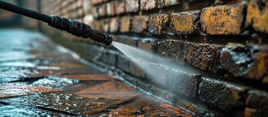 Water-based pressure washer used to cleanse dirty brick wall on house.
