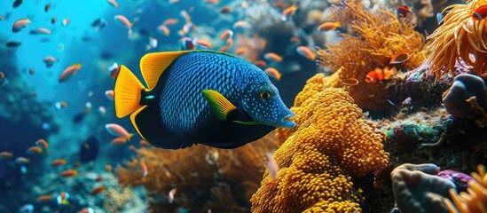 Naklejka na ściany i meble Tropical fish, such as the Yellowbar angelfish and Bignose unicornfish, can be found at the coral reef in the sea.