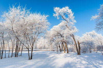 Rime landscape of urban forest in Daqing City, Heilongjiang Province, China.
