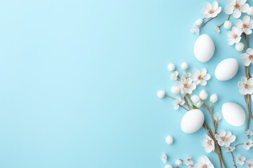 White Easter eggs with white flowers on blue background. Top view. Copy space. Happy Easter.