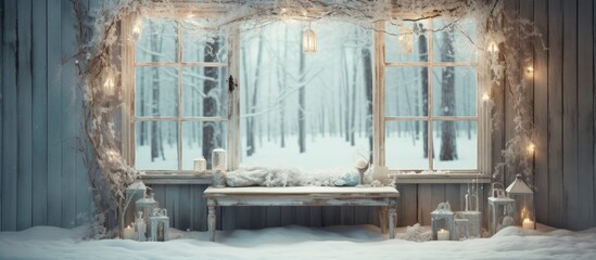 Winter scene with vintage wooden window frame.