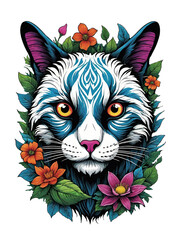 Cat head with flowers and leaves on transparent background