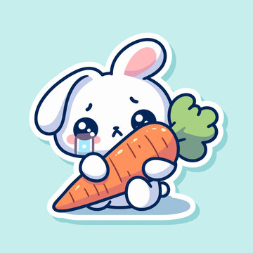 Vector graphic illustration of cute bunny hugs big carrot while crying. Perfect for children's book cover design. Animal icon concept isolated