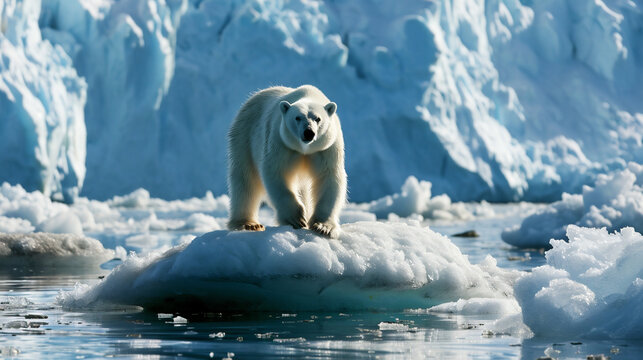 温暖化の影響により溶けた流氷の上に乗るホッキョクグマ