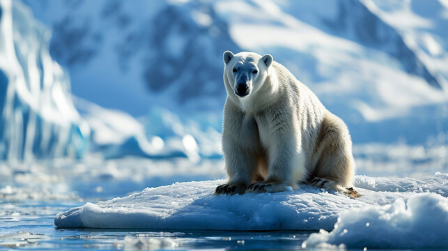 温暖化の影響により溶けた流氷の上に乗るホッキョクグマ