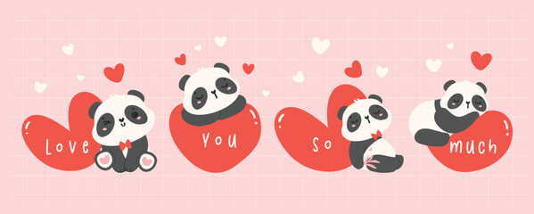 Cute Valentine Pandas with hearts Cartoon animal Hand drawn Illustration banner.