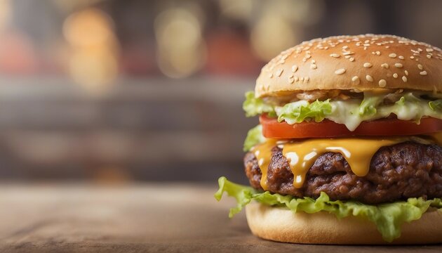 Closeup of tasty hamburger on wooden table. Space for text