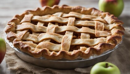 Homemade apple pie with fresh apples on a rustic background.
