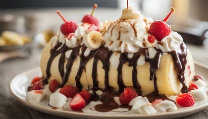 Banana Split cake with whipped cream, raspberries, bananas and chocolate