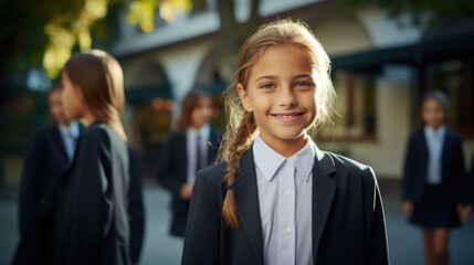 A young girl in a school uniform is smiling. Generative AI. - obrazy, fototapety, plakaty