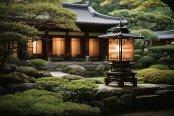 Fototapeta premium japanese lantern in the garden - Traditional Japanese Garden with Lantern and Ornamental Plants