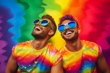 Happy young male gay couple wearing colourful clothes and sunglasses. LGBT gay pride, rainbow flag background.