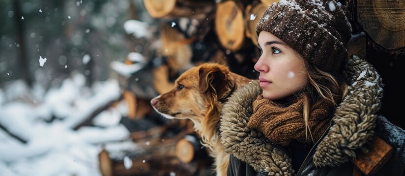 In winter, a woman photographs her dog climbing a woodpile, both bundled up.