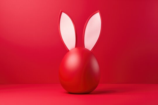 Red egg with paper ears and a bow on red background. Happy Easter.