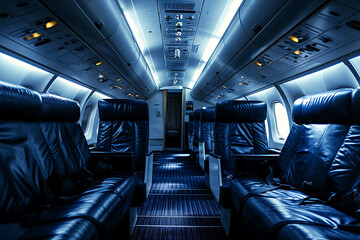 Internal empty salon view of a passenger civil aircraft full with white light - obrazy, fototapety, plakaty