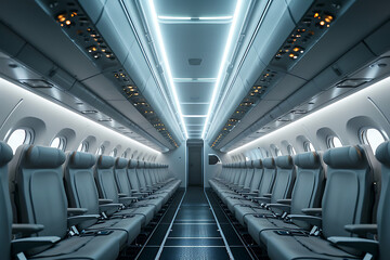 Internal empty salon view of a passenger civil aircraft full with white light