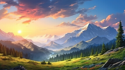 Obraz premium Mesmerizing shot of a green rocky hill during the beautiful sunset hour