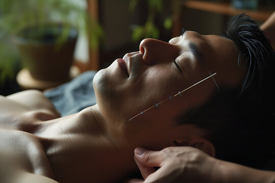 man getting acupuncture treatment, closeup