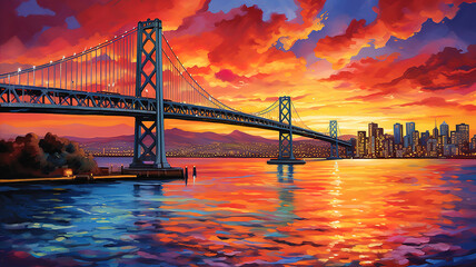 San Francisco skyline and Bay Bridge at sunset, California - obrazy, fototapety, plakaty