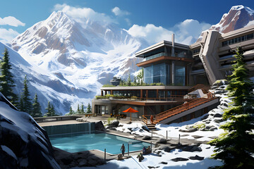 Winter ski resort, lodge, alp resort, beautiful luxus resort - obrazy, fototapety, plakaty