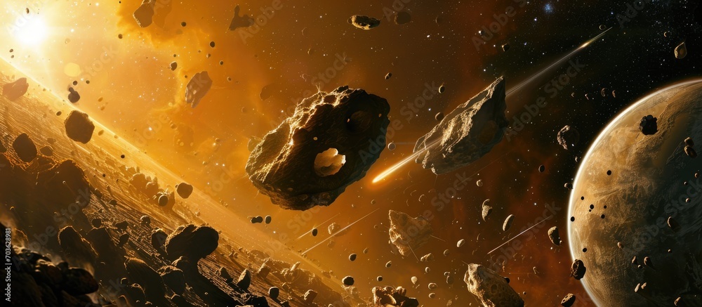 Wall mural metallic asteroids from the asteroid belt enter a planet's atmosphere, causing a swarm of rocks and 