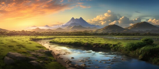 Distant mountain with a river at sunrise over an open field.