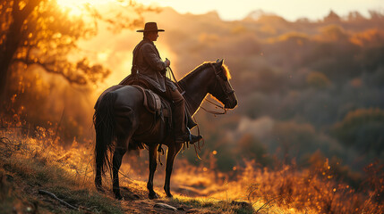 A serene and picturesque moment captured during the golden hour, featuring a spirited baby boomer gracefully riding a horse in a sun-kissed field. Warm hues of the setting sun.