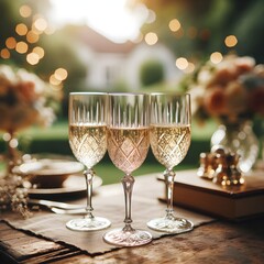 an image of three glasses of champagne on a wooden table