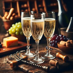 an image of three glasses of champagne on a wooden table