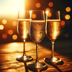 an image of three glasses of champagne on a wooden table