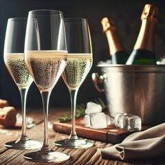 an image of three glasses of champagne on a wooden table