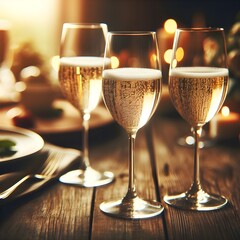 an image of three glasses of champagne on a wooden table