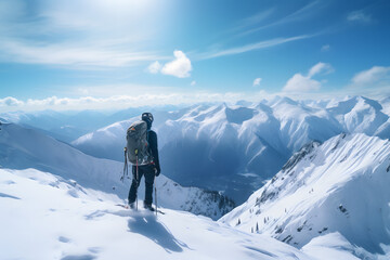 Naklejka na ściany i meble skier on top of a mountain, skier on mountain, skie, winter sport, alps, himalaya, wintersports