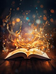 A magical book with open vintage pages and abstracts glowing against a dark background, Concept of Literature and Education. Generative AI