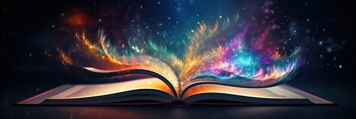 A magical book with open vintage pages and abstracts glowing against a dark background, Concept of...