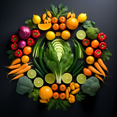 A symmetrical arrangement of fruits and vegetables.